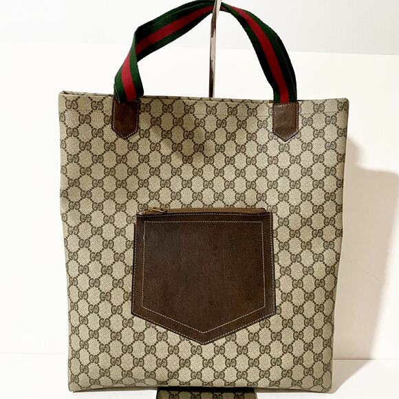 Gucci Handbags - Gucci Tote Bag Monogram Coated Canvas Leather Vintage Purse Shoulder Web Bag